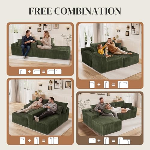 Image of 110 inch L Shaped Cloud Boneless Sectional Couches for Living Room, Modern Comfy Modular Deep Seat Memory Foam Compressed Corduroy Sofa Oversized Left Facing Chaise, No Assembly Required, Green