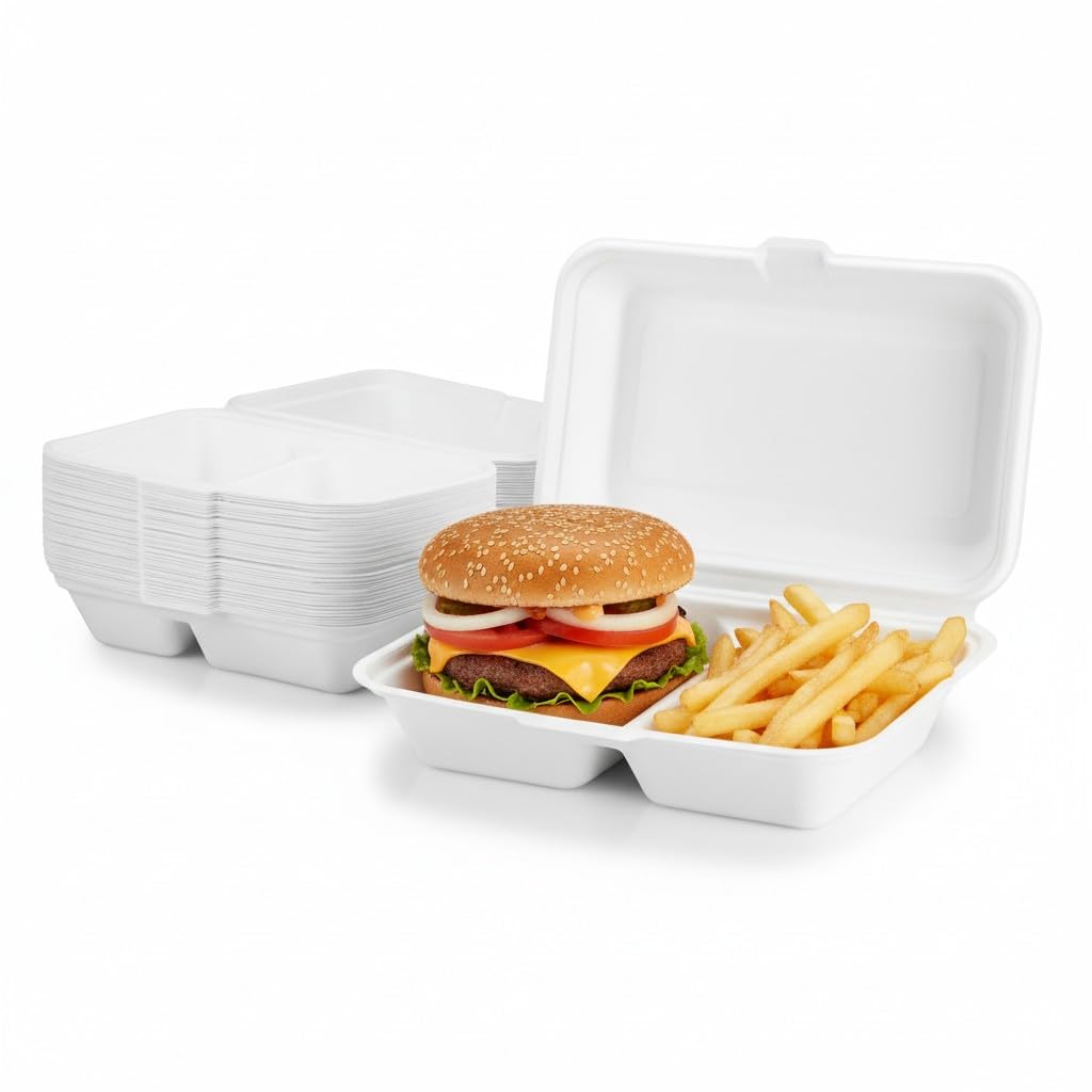 2you 50 x Burger Meal Boxes Bagasse Clamshell Takeaway Food Containers 2 Section Disposable Food Boxes for Burger Chips Fast Food Catering Street Packaging