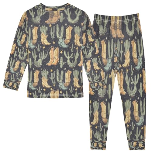 Pajama Sets Long Sleeve Cowboy Boots and Cactus Pattern Soft Comfy Sleepwear 2 Piece PJS 3-8T3