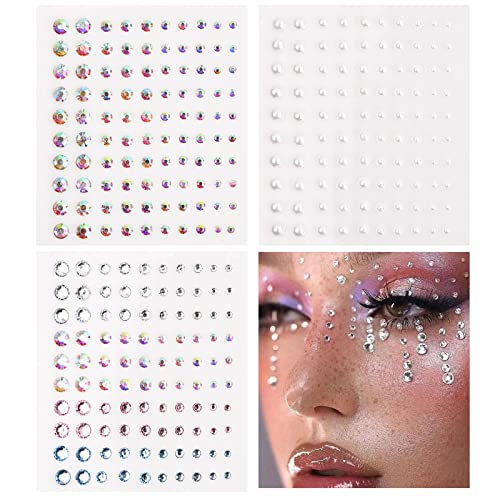 Anseom 3 Hojas Autoadhesivas Diamantes de Imitación, Pegatinas de Gemas de Cristal Acrílico Perla Adhesivos de Strass Redondos para Cara Ojos Niños DIY