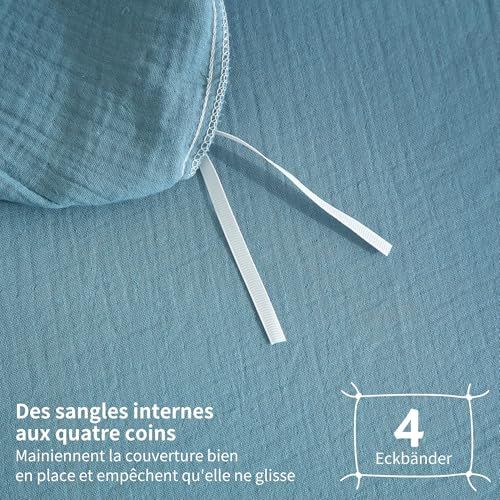 Housse de couette gaze de coton 220x240 bleu parure de lit double 100% coton - 7
