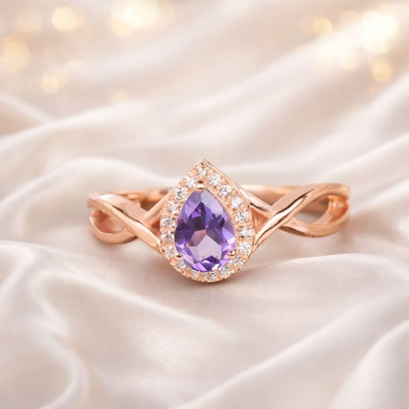 Pear Shaped Amethyst Engagement Ring Rose Gold Twisted Band Halo Ring February Birthstone Vintage Inspired Promise Ring Anniversary Ring for Women