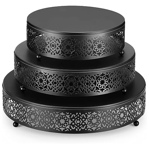 meekoo 3 Piece Cake Stands Set 8'' 10'' 12'' Round Metal Cake Stands Cupcake Stand Cake Riser Pastry Candy Display Plate for Dessert Table Wedding Event Birthday Anniversary Party (Black) Cover