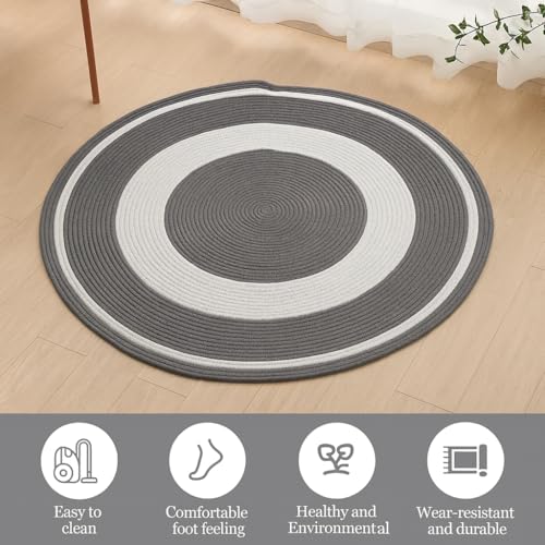 Image of Cotton Round Carpet 4x4 feet - Handmade Braided Boho Rug for Living Room, Bedroom & Balcony - Soft Washable Floor Mat, Color -Grey Silver