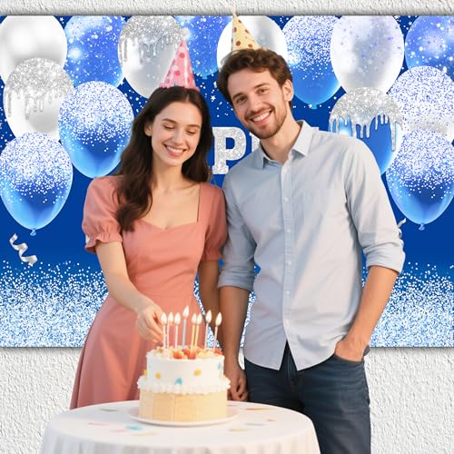 Image of Happy Birthday Decorations Backdrop 8 x 6 ftBlueHappy Birthday Banner Large Birthday Party Background for Men Women Kids Photo Shoot Supplies (Blue, 8 * 6 ft)