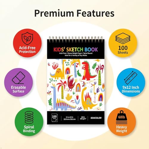 Image of Soucolor Sketch Book for Kids, 9 inch x 12 inch Kids Sketchbook, Boys & Girls Gift | 100 Sheets Tear-out Acid-Free Drawing Paper |Spiral bound Smooth Paper for Pencils Markers Crayons, Art Supplies for Kids 3+