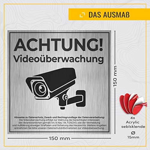 SIGNITY Schild Videoüberwachung (15x15cm klein) inkl. DSGVO Hinweis - Warnschild Kamera Überwachung - ideal zur Kamera Attrappe - Aluminium Schild - Achtung Videoüberwachung für Privatgrundstück - Image 4