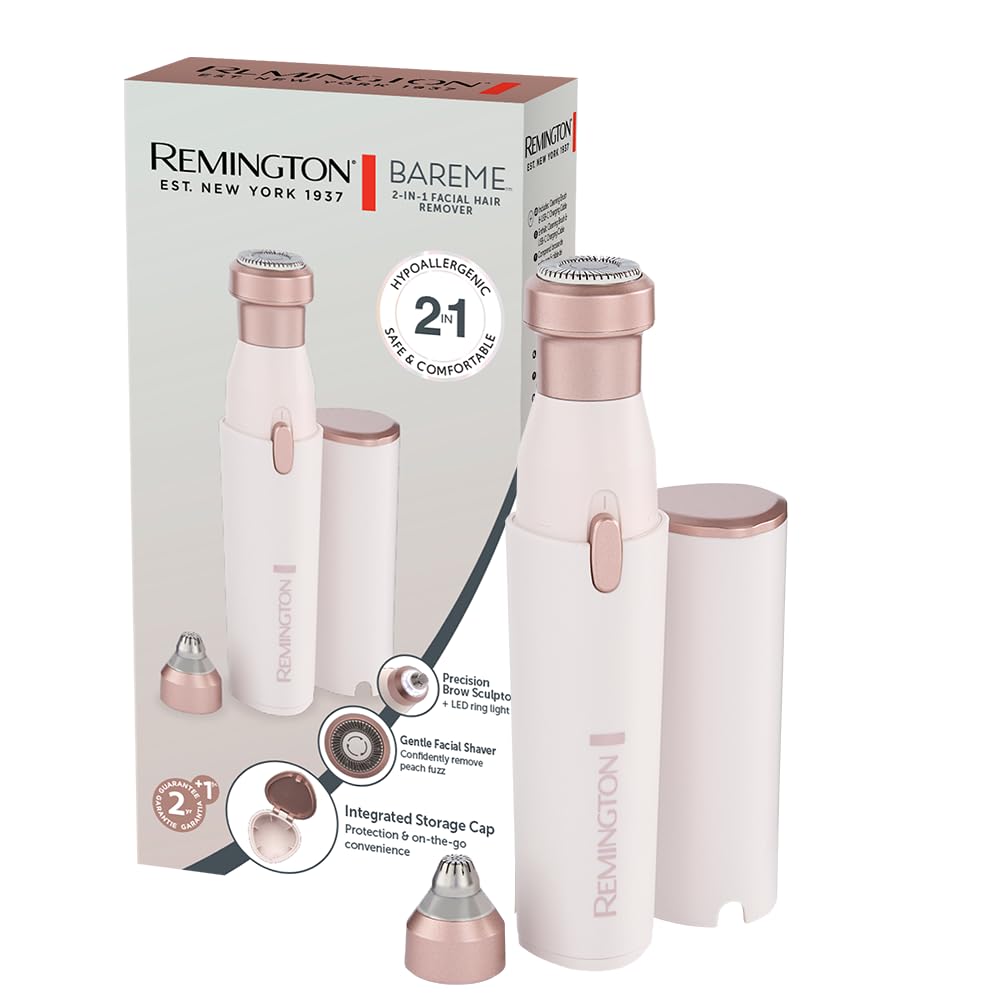 Remington Afeitadora facial para mujer [2 en 1: afeitadora facial y recortadora de cejas] BareMe (impermeable, depilación de labio superior, barbilla y mejillas, batería, USB-C, cepillo y tapa) WFS200
