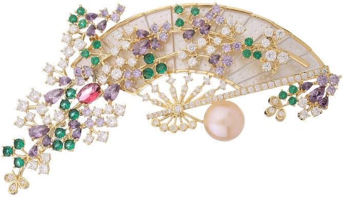 Delicate 14K Gold Handmade Vintage Fan Moissanite Corsage ，Freshwater Pearl Embellished with Elegant Brooch Shawl Accessory, Ideal Gift for Valentine's Day