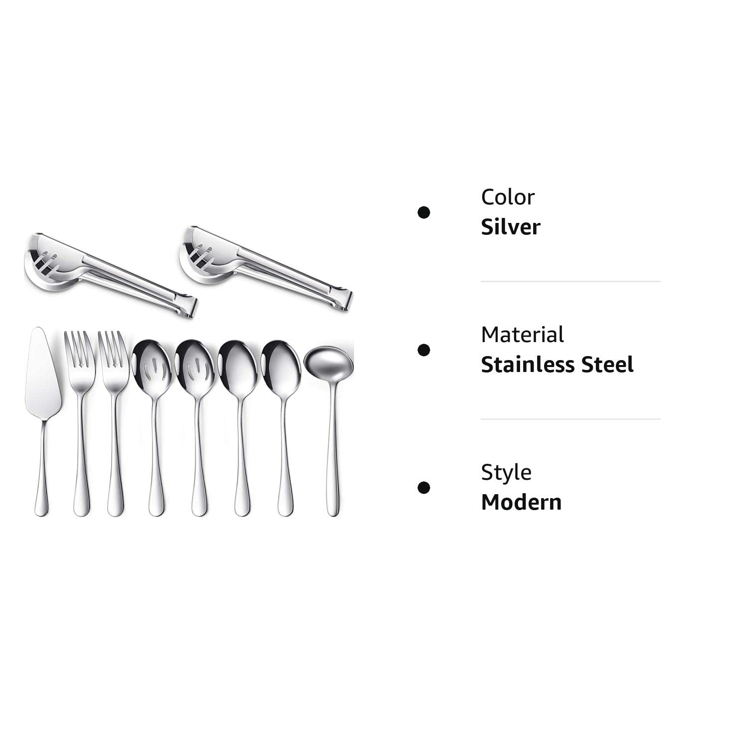 Serving Utensils Include Large Serving Spoons Slotted Serving Spoons Serving Forks Serving Tongs Soup Ladle and Pie Server Buffet Catering Serving Utensils for Dishwasher Safe (Silver,10 Pieces)