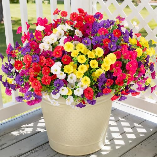 Artificial Flowers for Outdoors, 12 Bundles Fake Plastic Petunias Flower Plant, Faux Colorful Silk Morning Glory for Outside Planter Garden Front Porch Door Spring Summer Decor