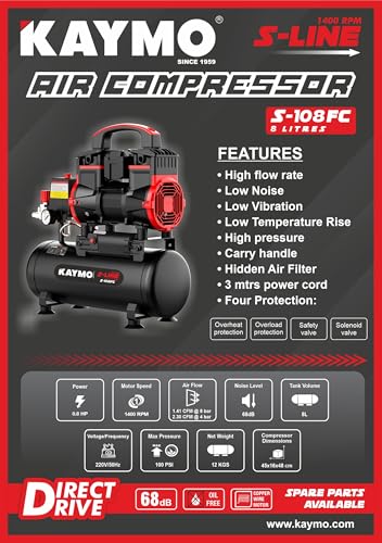 Image of KAYMO S-108 FC Air Compressor | 0.8 HP, 8L Oil-Free | Low Noise, 1400 RPM Copper Motor | Portable & Compact for Pneumatic Tools, Upholstery, & DIY Applications