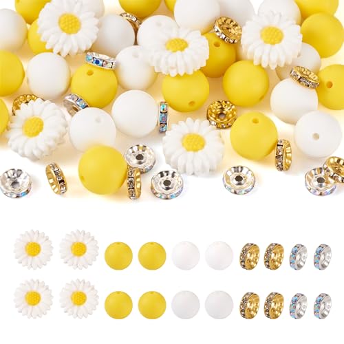 Cheriswelry 65Pcs Daisy Flower Silicone Beads Sunflower Rubber Loose Beads DIY Bracelet Making Kit for Jewelry Making