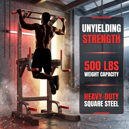 Image of Power Tower Pull Up Bar Dip Station, Free Standing Pull Up Rack Dip Station for Home Gym, 10-Level Adjustable Height Pull Up Bar Stand Dip Bar Strength Training Workout Equipment