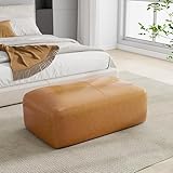 DREAMSIDEA Rectangular Genuine Leather Ottoman, Button Tufted Coffee Table Ottoman with Legs, Upholstered Footrest Stool for Living Room, Bedroom, Entryway, Brown