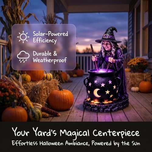 BomKra Solar Witch & Glowing Cauldron Halloween Garden Light, Garden Statue Light,Outdoor Resin Witch Figurine Holiday Decorations for Outdoor Yard, Lawn, Patio, Porch and Halloween Party - 2