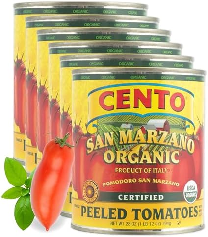 Cento Organic Certified San Marzano Whole Peeled Tomatoes 28 Oz (Pack of 6), Canned Plum Tomatoes in Thick Puree with Basil, Grown and Processed in Italy