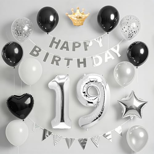 19歳 誕生日 飾り付け バルーン セット ブラック＆シルバー happy birthday バナー & 数字バルーン 紙吹雪 王冠付き 豪華パーティー装飾 男の子 女の子兼用