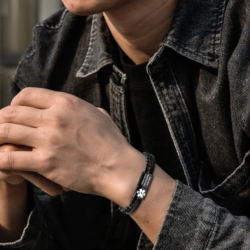 Csutom Medical Alert Bracelets for Men, 8.3" Leather Mens Medical Bracelet Engraved with Medic Info, Medic ID Bracelet for Allergy Autism Diabetic Epilepsy4