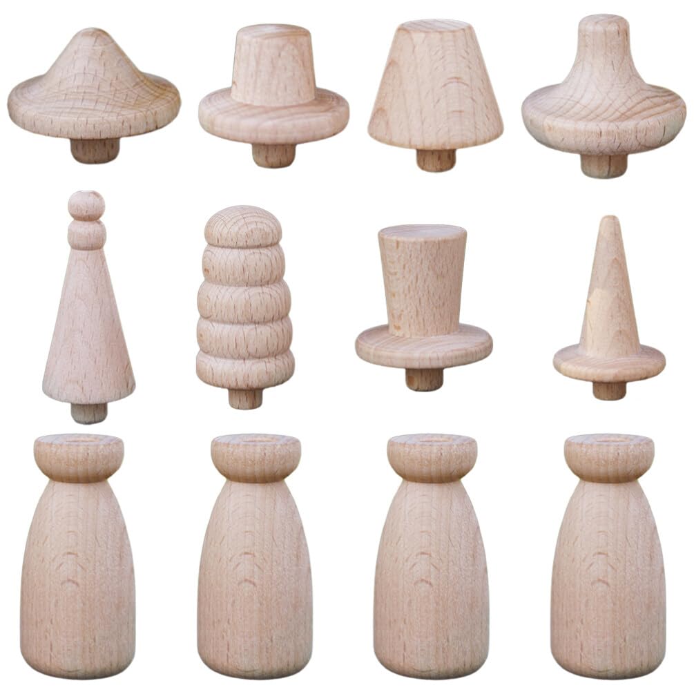 12pcs Unfinished Wooden Peg Doll Bodies with Hats Quality People Shapes Unfinished Wood Figurines to Paint Wooden Puppets for Arts and Crafts Painted