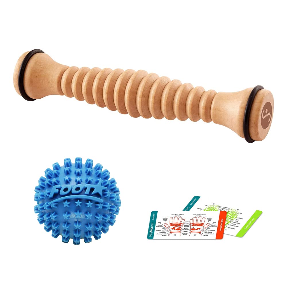 Body Back Wooden Foot Roller and Foot Star® Massager Ball Bundle Plantar Fasciitis Relief