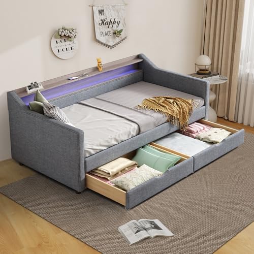 Ball & Cast Twin Size Daybed with Storage Drawers,Linen Upholstered Day Bed Frame w/ 2-Tier Shelves and Charging Station,Smart LED Light,Wood Slats Support,for Livingroom,Apartment,Light Grey