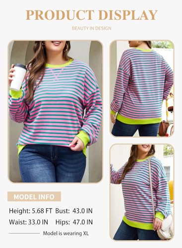 Image of Eytino Women Plus Size Striped Color Block Crewneck Sweatshirt(1X-5X) | Oversized Pullover Tops,Long Sleeve Casual Shirt,Workout & Daily Wear,2026 Fall Fashion Clothes Outfits