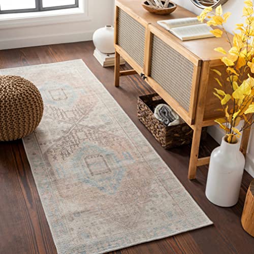 Hauteloom Baloy Hallway, Kitchen Machine Washable Runner Rug - Traditional - Blue, Orange, Green - 2'7