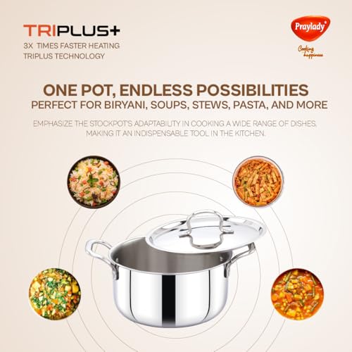 Image of Praylady TRIPLUS+ Triply Stainless Steel Stock Pot 22 cm | 4.2 L | Biryani | Handi | Casserole | Patila | Soup | Curry | Induction & Gas Compatible | with Lid
