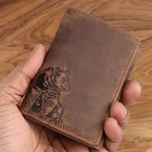 Image of Bear Trifold Wallet for Men - Full Grain Cowhide Leather, RFID Blocking, Handmade Vintage Men's Leather Wallet, Gift for Dad, Husband, Outdoorsmen