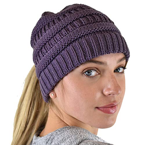 C.c Beanietail Soft Stretch Cable Knit Messy High Bun Ponytail Beanie Hat, Criss Cross Violet #TOP2