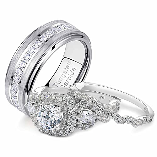 Newshe Jewellery Wedding Ring Sets for Him and Her Sterling Silver Promise Rings for Couples Women Mens Band Size 5-13