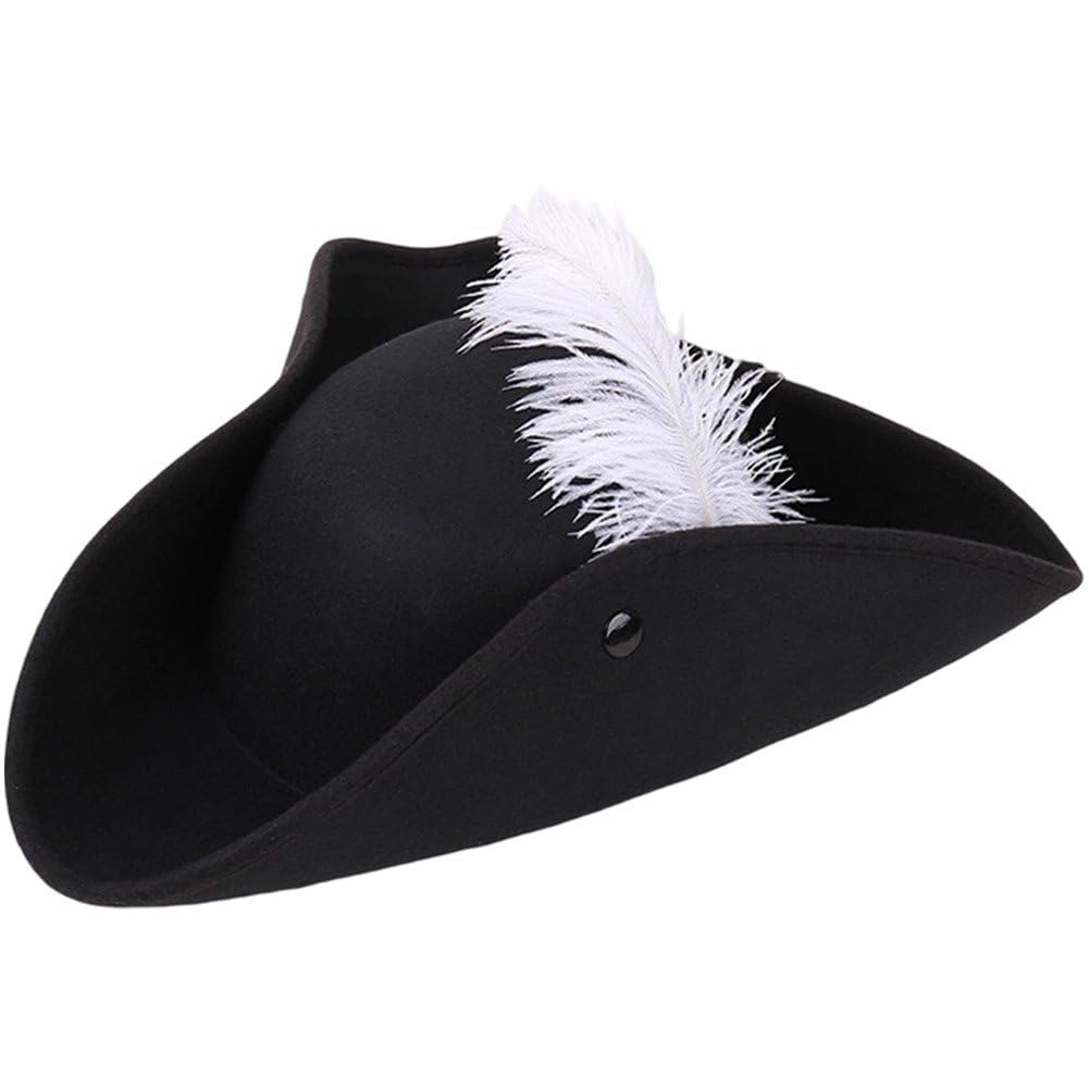 Sslvya Feather Pirate Hat for Adult, Medieval Tricorn Costume Hat for Women Men, Colonial Style Hat for Hallowen Cosplay Dressup