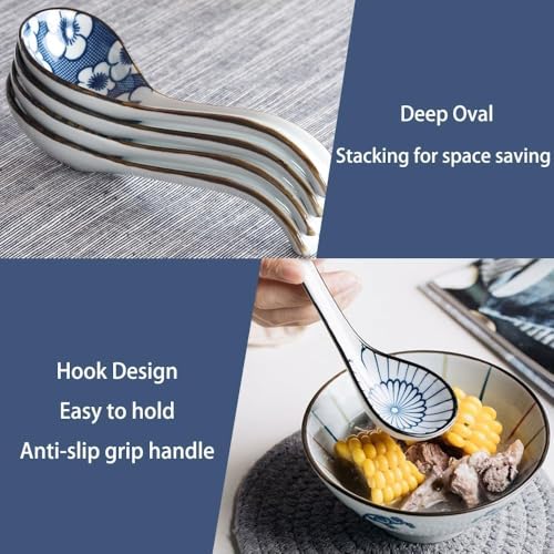 Image of Raelitego 12pcs Asian Soup Spoon, Ceramic Chinese Soup Spoons, Deep Oval Hook Non-slip Japanese Spoons for Rice Ramen Pho Miso Soup Wonton Noodle, Luck and Prosperity Gifts for Friends Parents Family