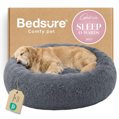 Image of Bedsure Calming Dog Bed for Extra Large Dogs - Donut Washable Large Pet Bed, 45 inches Anti-Slip Round Fluffy Plush Faux Fur Dog Bed, Fits up to 120 lbs Pets, Dark Grey