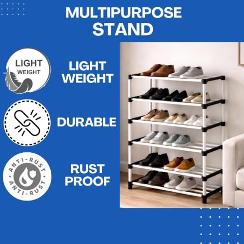 Image of Shoe Rack 6 Layer with Shelf, Thick Strong Pipes for Heavy Load Multipurpose Organizer Rack Shoe, Cloth & Book Storage Shelf for Home, Balcony, Living Room & Workspace
