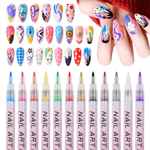 12 Color Nail Art Pens, 0.7 MM Nail Polish Pens Set Drawing Painting Point Liner Acrylic Painted Pen Kit, Waterproof and Quick-drying Nail for DIY Nails Art Design Manicure Tools
