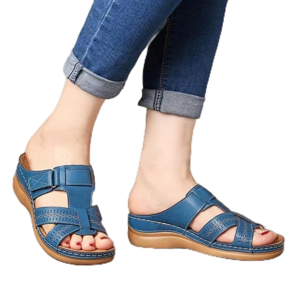 TKer Women's Orthopedic Open Toe Sandals, Summer Comfortable Vintage Casual Beach Slip on Slipper, Arch Support Sandals Wedge Shoes Slippers(Size:40 EU,Color:Blue)