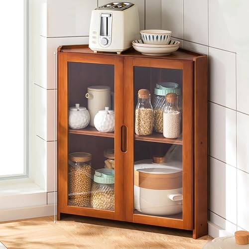 Armario de almacenamiento de esquina de bambú, cocina alta independiente con puertas abiertas dobles de acrílico, solución multifuncional de almacenamiento de platos para espacios pequeños