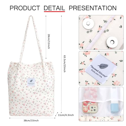 Image of Ayieyill Corduroy Tote Bag for Women Canvas Shoulder Cord Purse with Inner Pocket