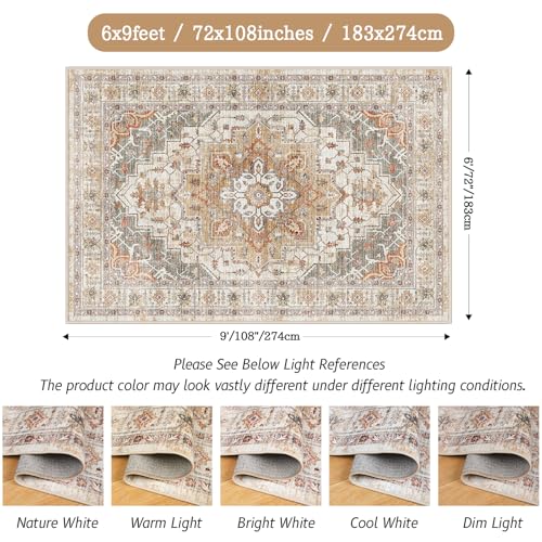 Madane 6x9 Area Rugs for Living Room, Stain Resistant Washable Rugs, Non-Slip Backing Area Rug, Vintage Home Decor Rug for Bedroom (Turmeric/Grey, 6'x9')