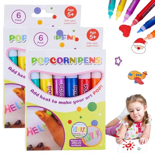 12PCS Magic Puffy Pens for Kids, DIY Bubble Popcorn Drawing Pens 3D Art Safe Pen for Kids Kit Magic Puffy Pens Magics Colour DIY Bubble Popcorn Drawing Pens for Birthday Gift Cards Christmas (2-boxes)
