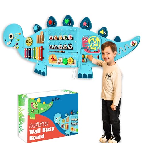AthomBear Dinosaur Wall Busy Board with 12 Activities - Wall Toys for Toddlers 2,3,4,5 - Sensory Panel Wooden - Montessori Busy Board Learning Activity Center for Playroom and Classroom