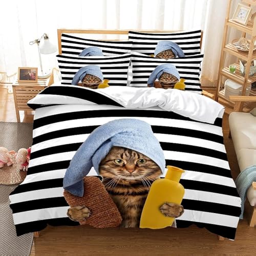 掛け布団カバー クイーン 灰色の猫 全開ファスナー 抗菌防臭 防ダニ 通気性 洗い替え速乾 ポリエステル 布団カバーセット (230x210cm) + 2 枕カバー(43x63cm)