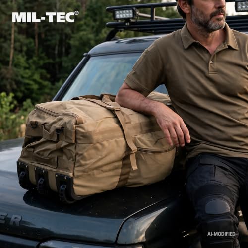 Mil-Tec Kampftrageseesack mit Rollen (118L Volumen) • Große Reisetasche mit 3 Rollen & Rucksackfunktion • Ideal als Rucksack Trolley, Seesack, Einsatztasche, Camping- oder Sporttasche • Coyote