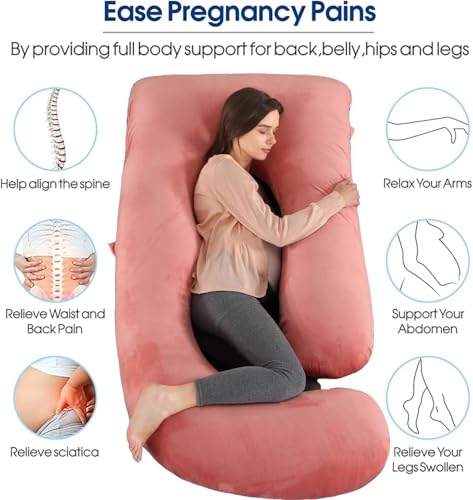 Image of Pregnancy Pillows for Sleeping, U Shaped Full Body Maternity Pillow for Pregnant Women with Removable Bean Velvet Cover, Support for Back, HIPS, Legs, Belly, 57 Inch, Pink