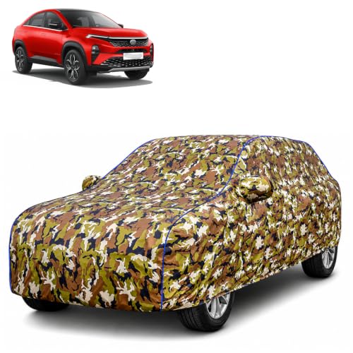 Image of Waterproof Car Body Cover for TATA Curvv with Mirror Pocket| Cotton Inner Lining | Triple Stitched | All Weather Protection | Dust, UV & Rain Proof (Camouflage with Blue Piping)