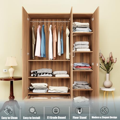 Image of VIKI Wardrobe |Wooden Almirah for 3 Door Wardrobe with 1 Drawer & Hanging Space (Brussel Walnut - 40D x 120W x 180.8H) | 1 Year Warranty | Free Assembly