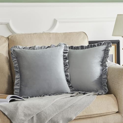 Image of Velvet Silver 12x20 Pillow Covers, Set of 2 Decorative Ruffle Cushoin Pillow Covers for Sofa Couch