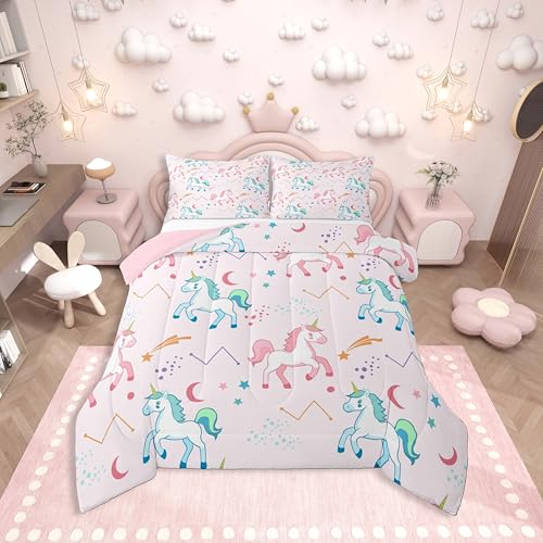 Image of Erosebridal Girls Unicorn King Comforter Set Pink and Blue Unicorns Bedding Set for Kids Child Stars Astrology Comforter Fantasy Girls Room Decor Cartoon Unicorn Horse Quilt Kawaii Bed Set
